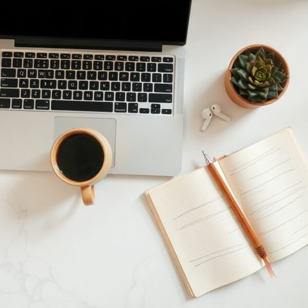 AICE자격증 - flat lay of AICE AI certificate exam study materials, notebook and laptop on white desk, AI technology concept