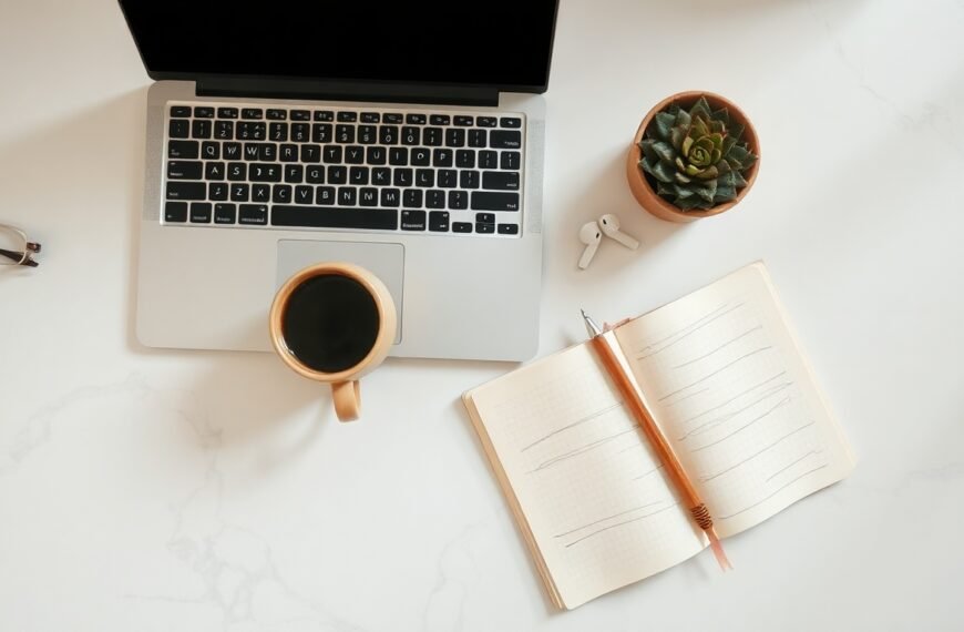 AICE자격증 - flat lay of AICE AI certificate exam study materials, notebook and laptop on white desk, AI technology concept