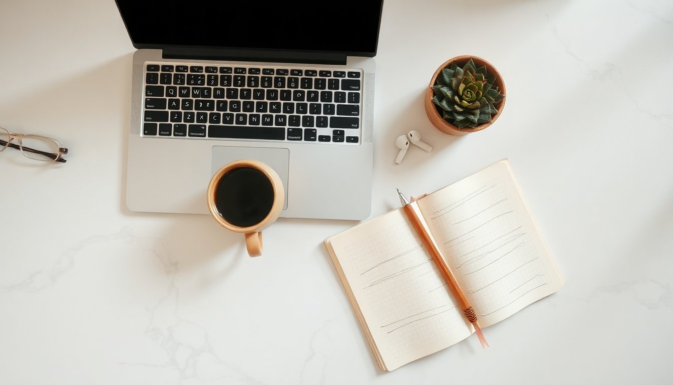 AICE자격증 - flat lay of AICE AI certificate exam study materials, notebook and laptop on white desk, AI technology concept