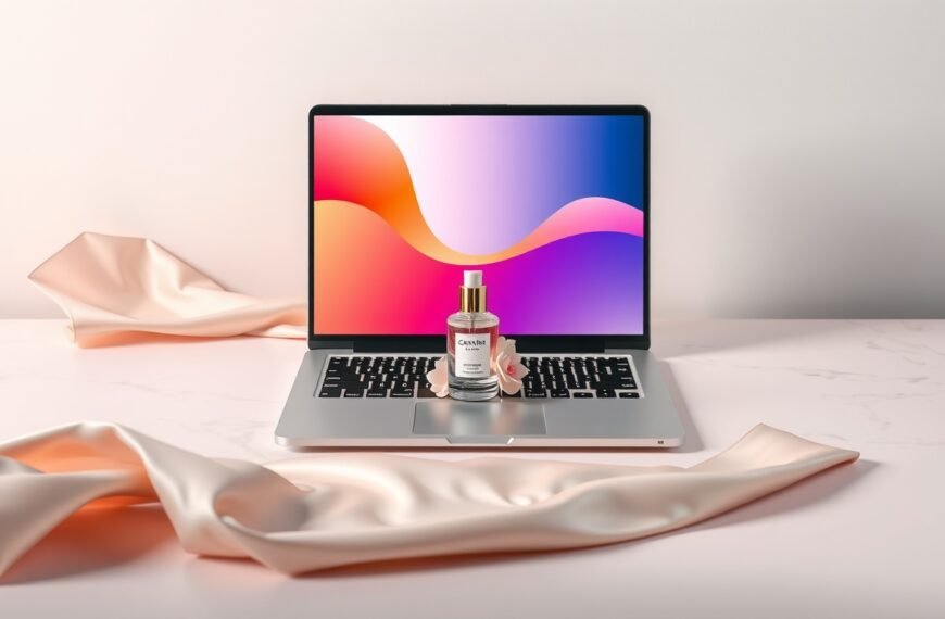 캔바 사용법 포스터 - flat lay of laptop showing Canva poster design interface on screen, colorful design templates visible, overhead view