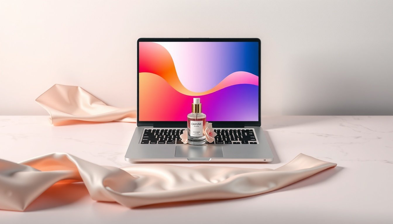 캔바 사용법 포스터 - flat lay of laptop showing Canva poster design interface on screen, colorful design templates visible, overhead view