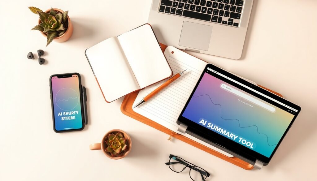 AI 요약 도구 - flat lay of laptop and smartphone showing AI summary tool interface on screen, with notepad and pen on white desk, AI productivity concept