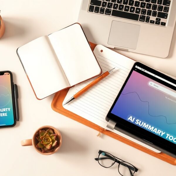 AI 요약 도구 - flat lay of laptop and smartphone showing AI summary tool interface on screen, with notepad and pen on white desk, AI productivity concept