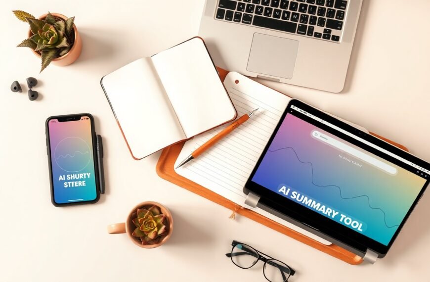 AI 요약 도구 - flat lay of laptop and smartphone showing AI summary tool interface on screen, with notepad and pen on white desk, AI productivity concept