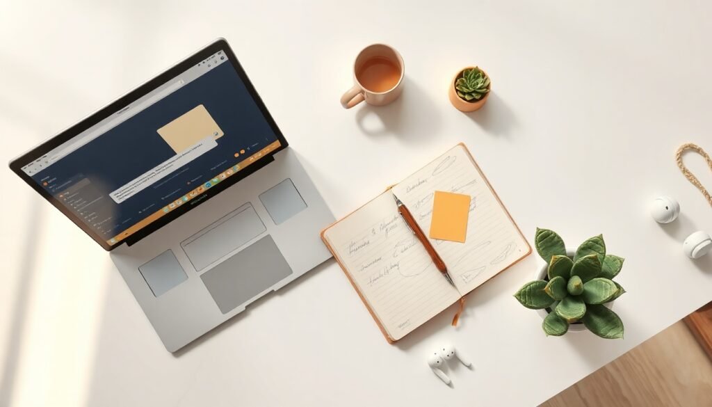 ChatGPT AI 도구 단점 주의사항 총정리 - flat lay of laptop showing ChatGPT interface with warning icons and sticky notes on white desk, AI tool risks concept