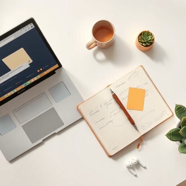 ChatGPT AI 도구 단점 주의사항 총정리 - flat lay of laptop showing ChatGPT interface with warning icons and sticky notes on white desk, AI tool risks concept