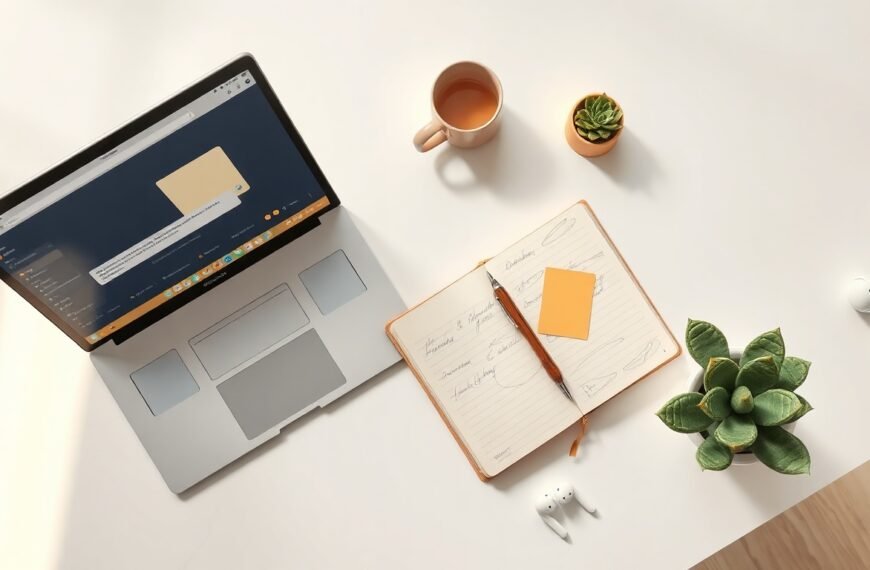 ChatGPT AI 도구 단점 주의사항 총정리 - flat lay of laptop showing ChatGPT interface with warning icons and sticky notes on white desk, AI tool risks concept