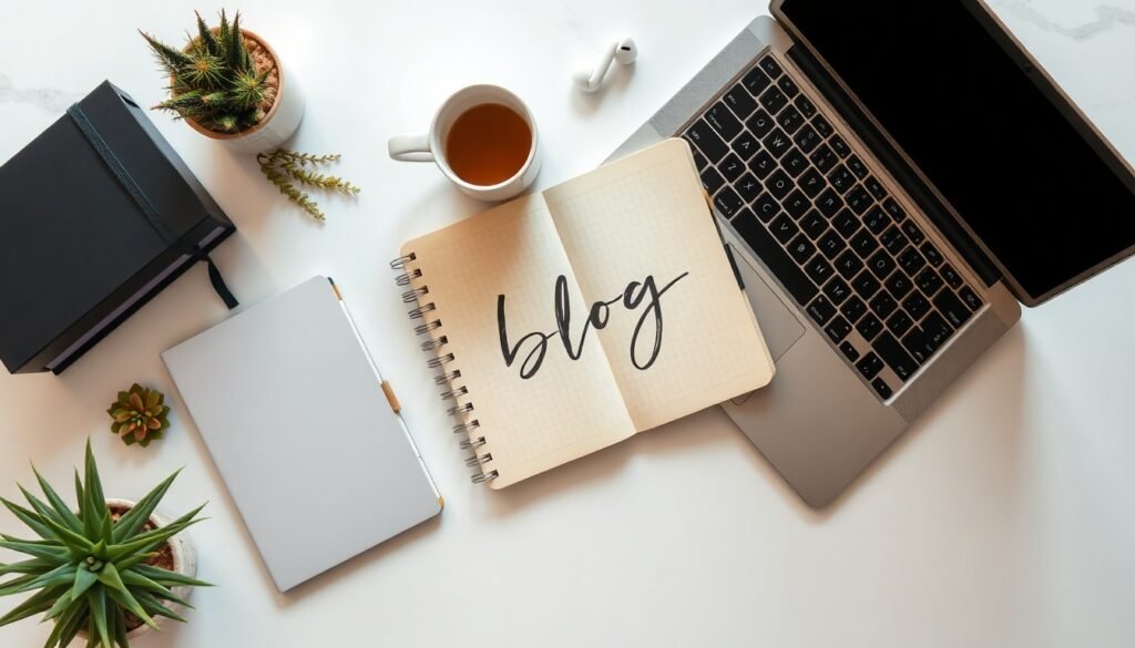 블로그 제목 작성법 - flat lay of notebook and keyboard on white desk with handwritten blog title strategy notes, SEO blog title writing concept
