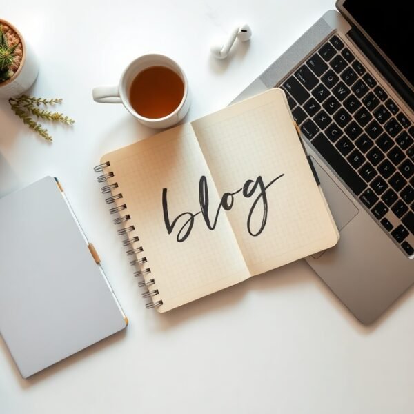 블로그 제목 작성법 - flat lay of notebook and keyboard on white desk with handwritten blog title strategy notes, SEO blog title writing concept
