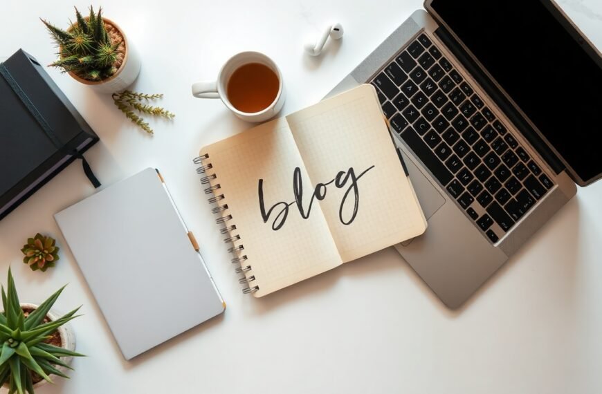 블로그 제목 작성법 - flat lay of notebook and keyboard on white desk with handwritten blog title strategy notes, SEO blog title writing concept