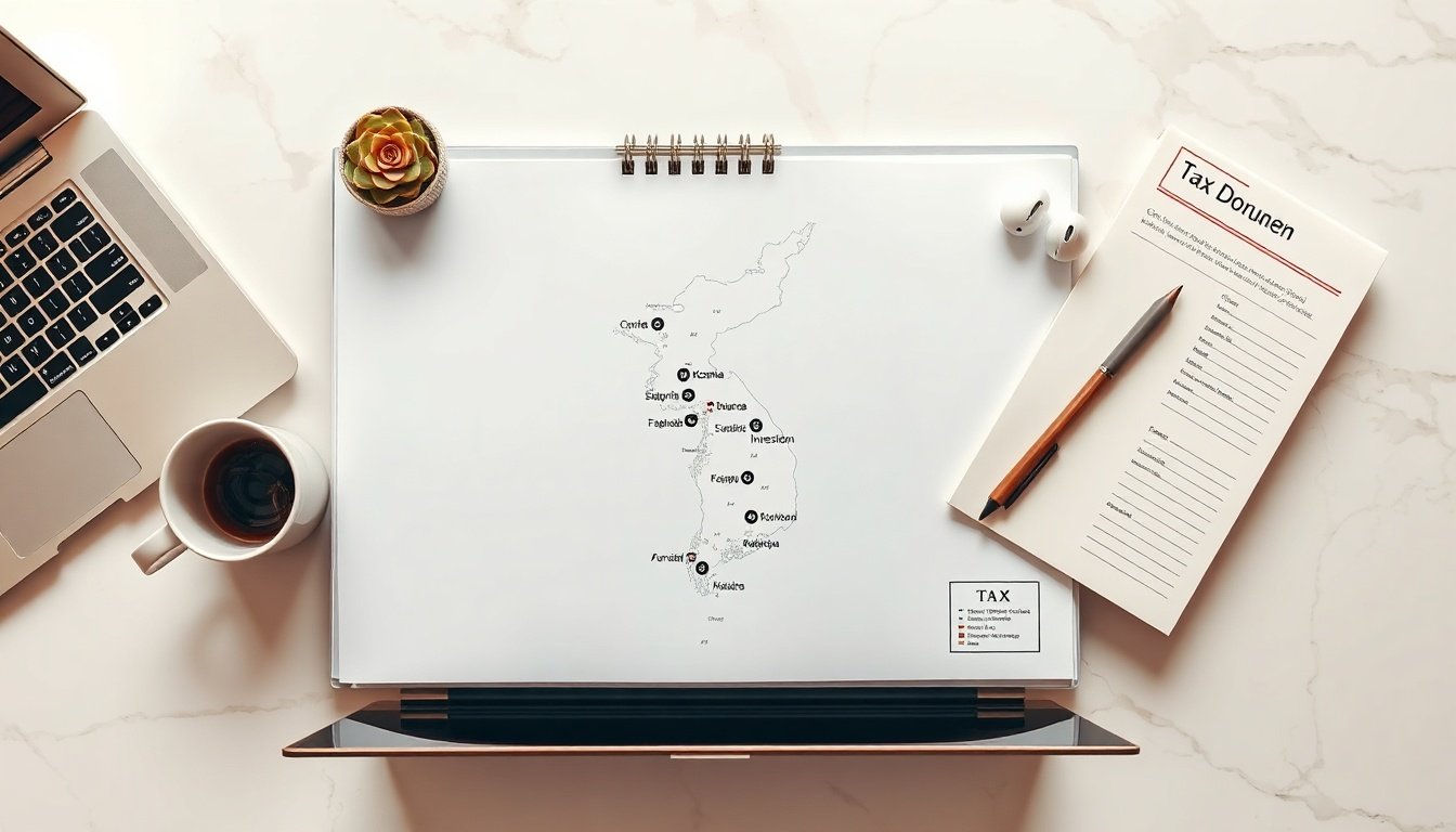 수도권 집중 - flat lay of Korean regional map with investment location markers and tax document, regional business development concept, overhead view