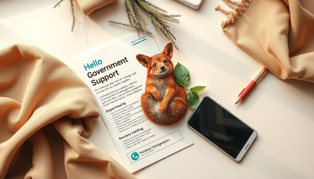모두모여체험단 - flat lay of government support program brochure and smartphone on white desk, Modoumoyeo experience group application concept