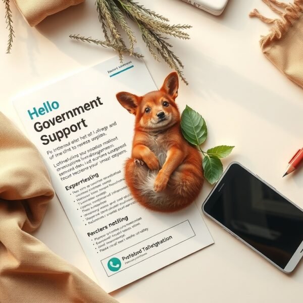 모두모여체험단 - flat lay of government support program brochure and smartphone on white desk, Modoumoyeo experience group application concept