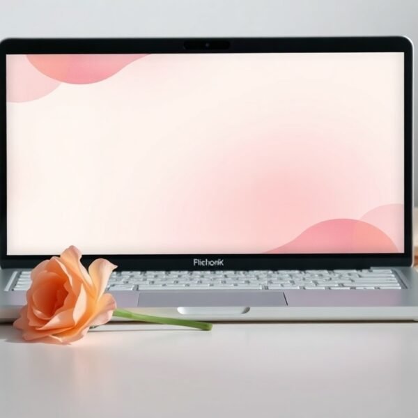 미리캔버스 ppt - flat lay of laptop screen showing Miricanvas PPT template design interface on white desk with notebook and pen