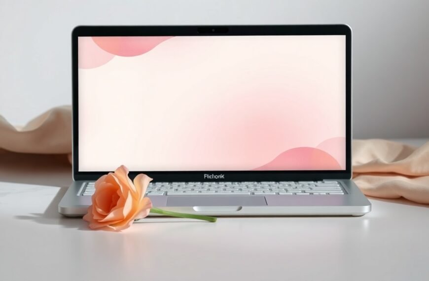 미리캔버스 ppt - flat lay of laptop screen showing Miricanvas PPT template design interface on white desk with notebook and pen