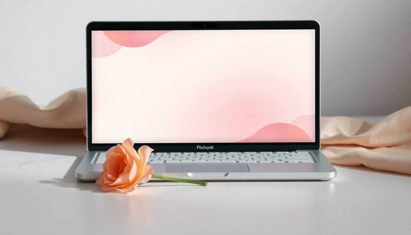 미리캔버스 ppt - flat lay of laptop screen showing Miricanvas PPT template design interface on white desk with notebook and pen