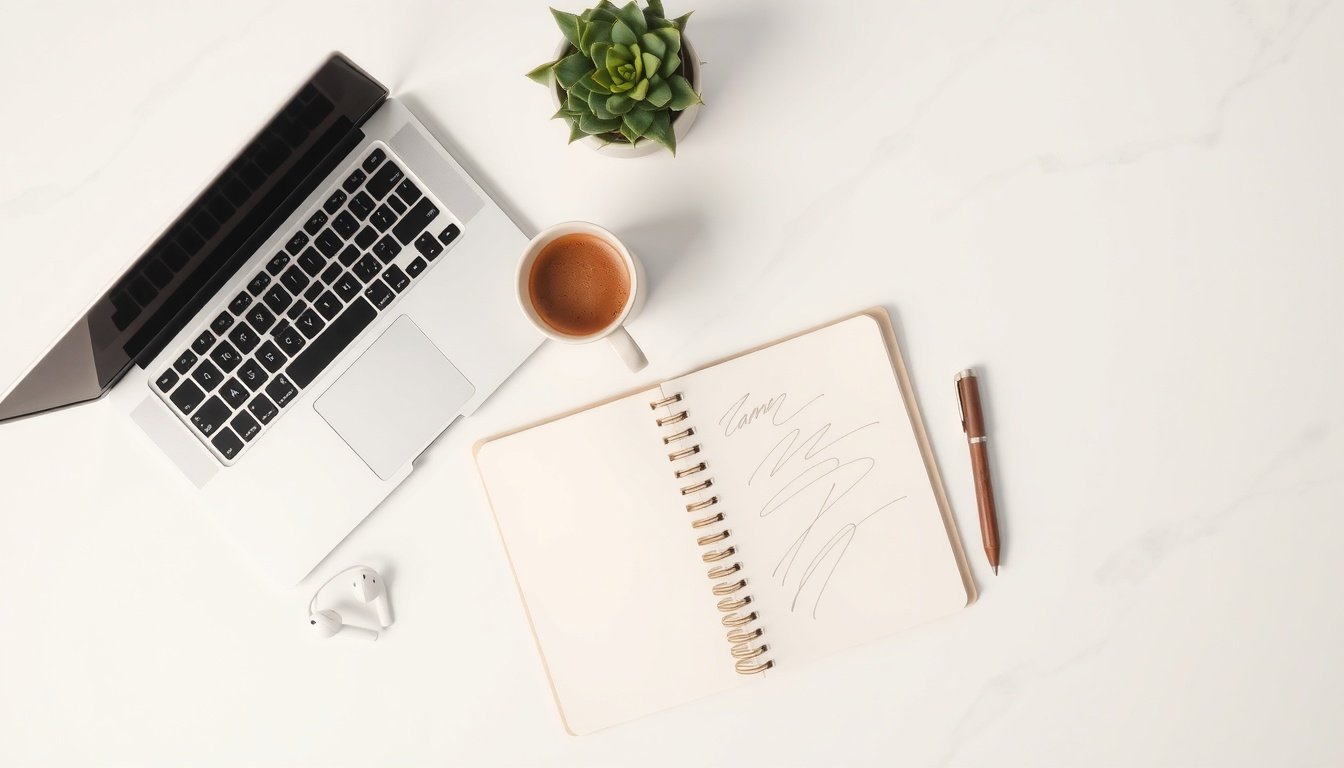 ChatGPT 직장인 부업 솔직 후기 - flat lay of laptop keyboard, notebook, pen, and coffee cup on white desk, ChatGPT freelance work concept, overhead view