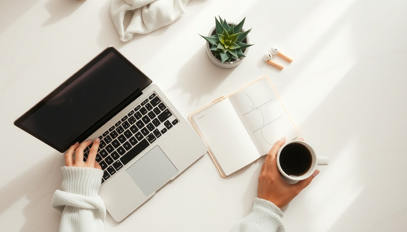 블로그 제목 작성법 - Korean blogger upper body shot with face visible, looking at laptop screen showing analytics dashboard, natural hands, blog title optimization concept