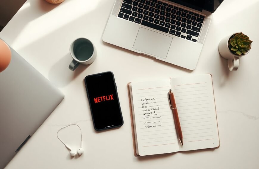 넷플렉스요금 - flat lay of remote control and smartphone showing Netflix logo on white desk, Netflix subscription plan concept