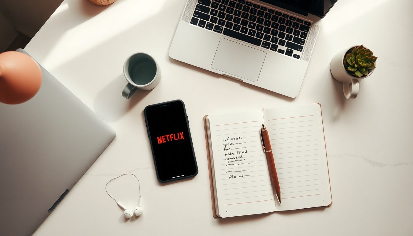넷플렉스요금 - flat lay of remote control and smartphone showing Netflix logo on white desk, Netflix subscription plan concept