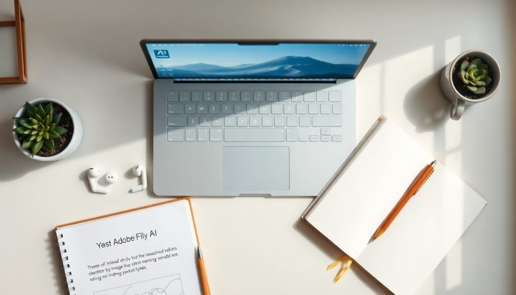 어도비 파이어플라이 사용법 - flat lay of laptop screen showing Adobe Firefly AI image generation interface with colorful generated images on white desk, Adobe Firefly usage guide concept