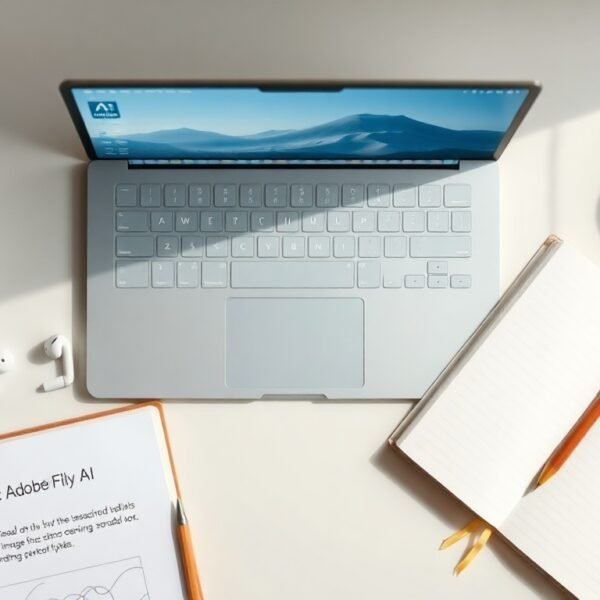 어도비 파이어플라이 사용법 - flat lay of laptop screen showing Adobe Firefly AI image generation interface with colorful generated images on white desk, Adobe Firefly usage guide concept