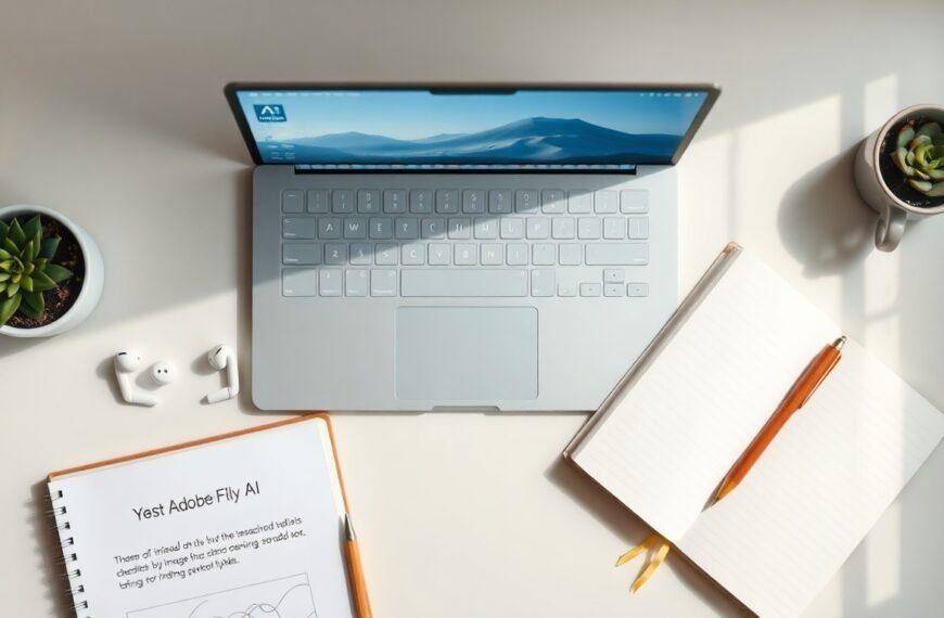 어도비 파이어플라이 사용법 - flat lay of laptop screen showing Adobe Firefly AI image generation interface with colorful generated images on white desk, Adobe Firefly usage guide concept