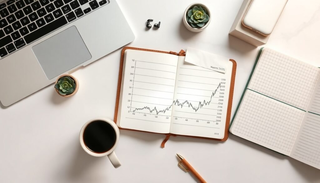 경제 트렌드 - flat lay of smartphone showing economic chart with notebook and pen on white desk, 2026 economy trend concept