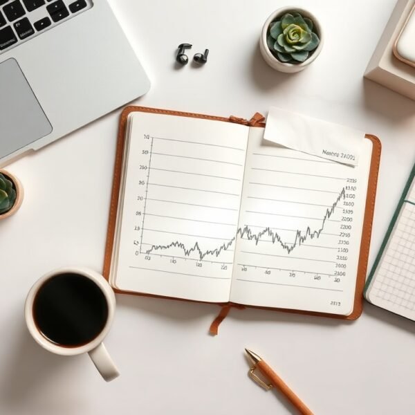 경제 트렌드 - flat lay of smartphone showing economic chart with notebook and pen on white desk, 2026 economy trend concept