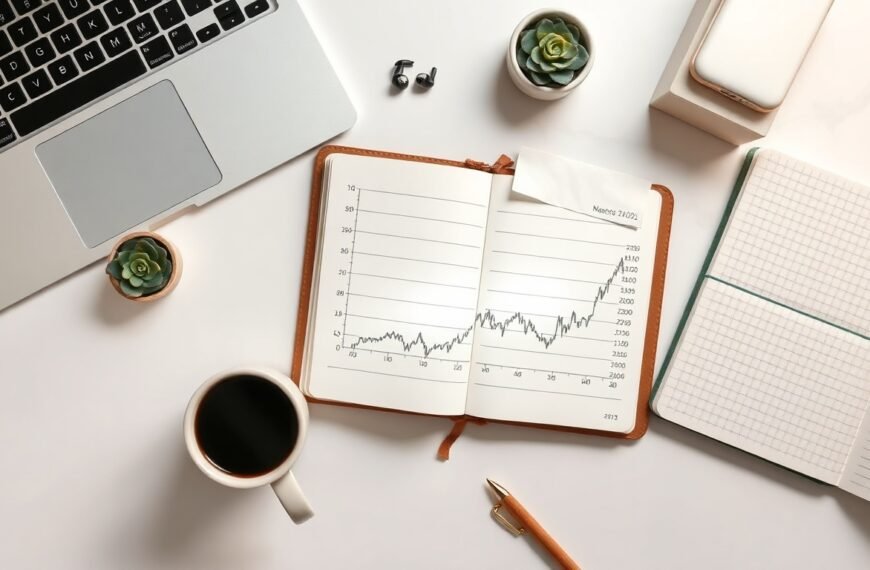 경제 트렌드 - flat lay of smartphone showing economic chart with notebook and pen on white desk, 2026 economy trend concept