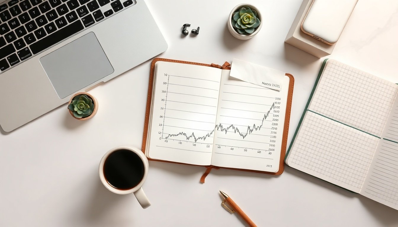 경제 트렌드 - flat lay of smartphone showing economic chart with notebook and pen on white desk, 2026 economy trend concept