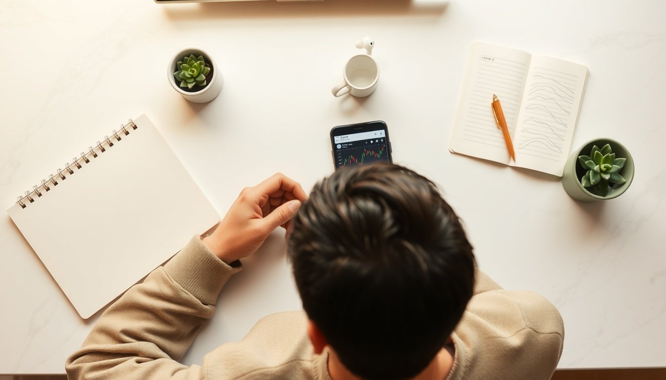 주식 투자 입문 - Korean man upper body shot with face visible, looking at stock investment app on smartphone with focused expression, natural hands, modern home office background