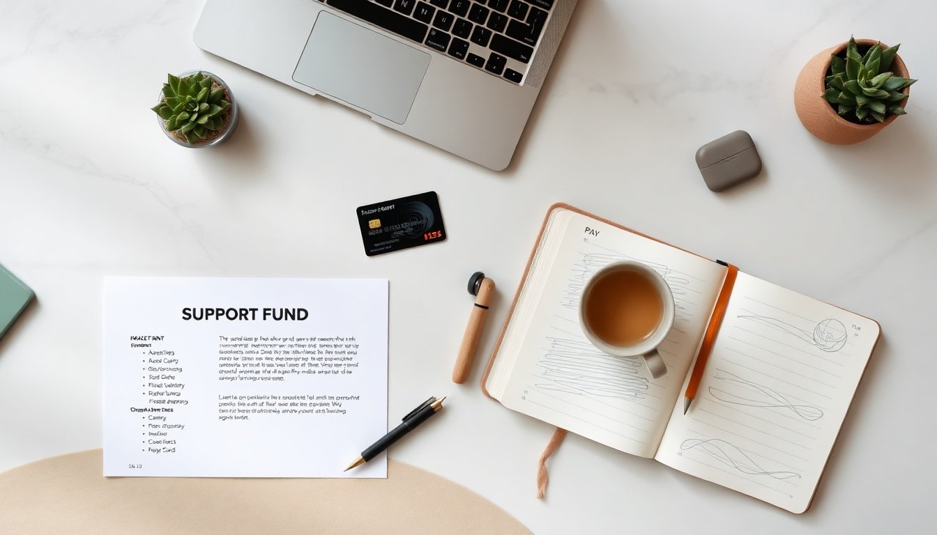 소상공인 지원금 지원금 - flat lay of small business owner support fund document, KB bank card, and payment terminal on wooden desk