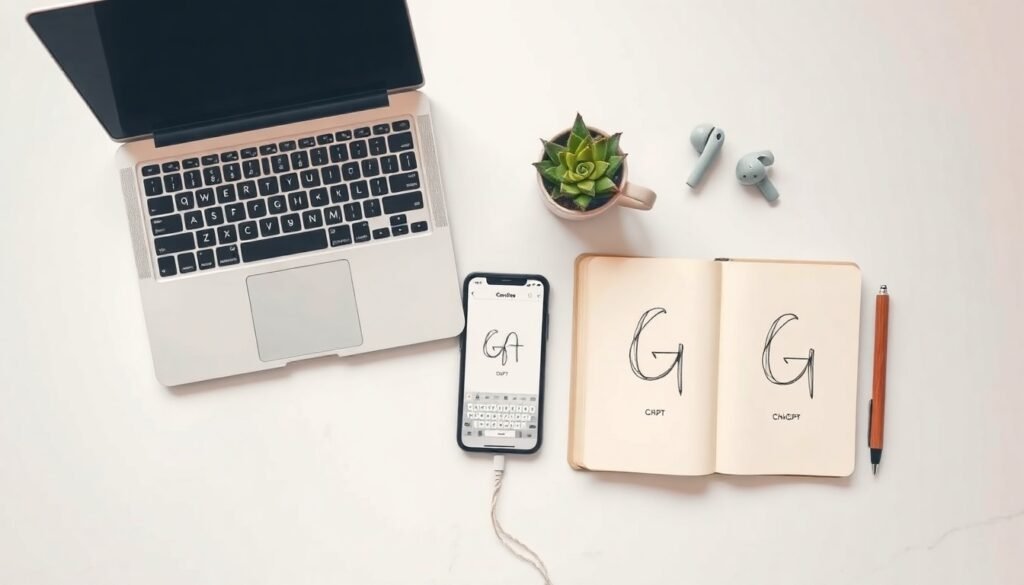 구글챗GPT 디지털노마드 업무 활용 후기 - flat lay of laptop and smartphone on minimalist white desk showing ChatGPT and Google interface, digital nomad work setup