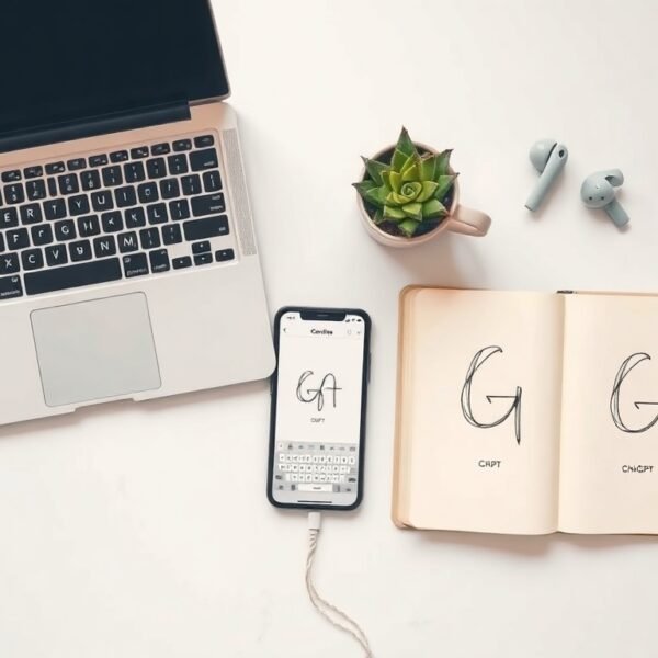 구글챗GPT 디지털노마드 업무 활용 후기 - flat lay of laptop and smartphone on minimalist white desk showing ChatGPT and Google interface, digital nomad work setup