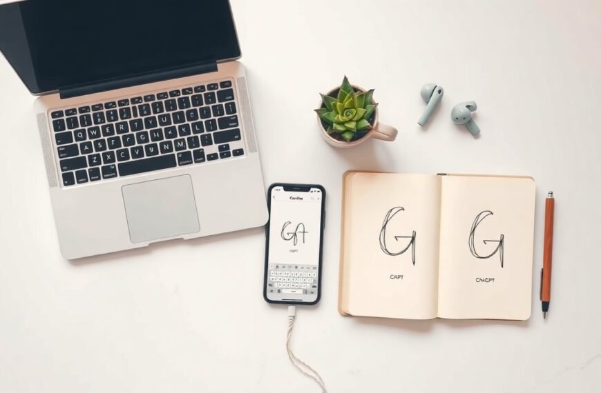 구글챗GPT 디지털노마드 업무 활용 후기 - flat lay of laptop and smartphone on minimalist white desk showing ChatGPT and Google interface, digital nomad work setup