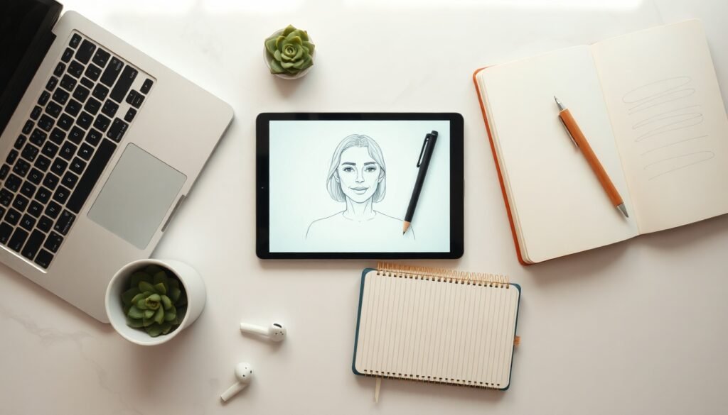 버츄얼만들기 - flat lay of digital tablet and stylus pen showing virtual avatar creation software interface on screen, bright modern desk setup