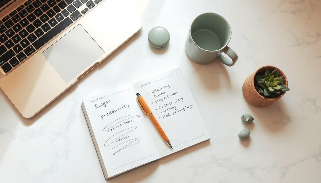 구글챗GPT 디지털노마드 업무 활용 후기 - flat lay of open notebook with handwritten productivity notes next to laptop showing ChatGPT interface, digital nomad workflow concept