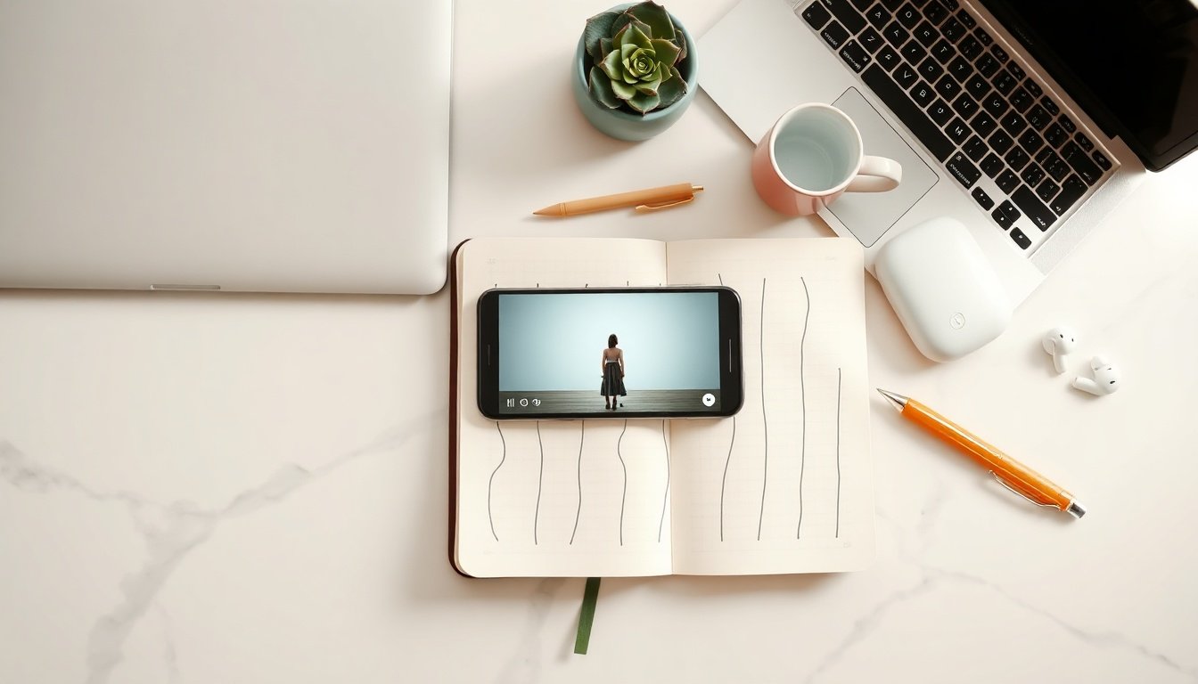 Runway ML - flat lay of smartphone showing AI-generated video on screen, Runway ML concept, modern desk with coffee cup and notebook