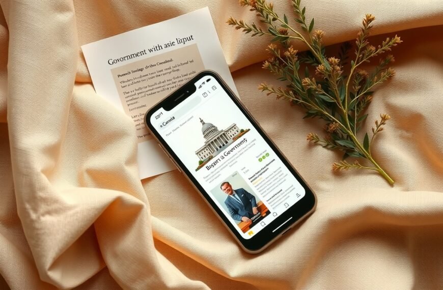 정부24 - flat lay of smartphone displaying government website and official documents on white desk, government support fund application concept