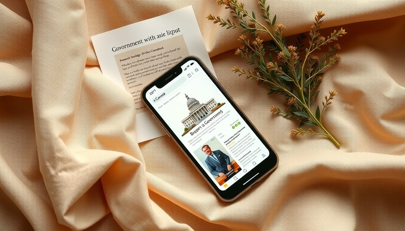 정부24 - flat lay of smartphone displaying government website and official documents on white desk, government support fund application concept