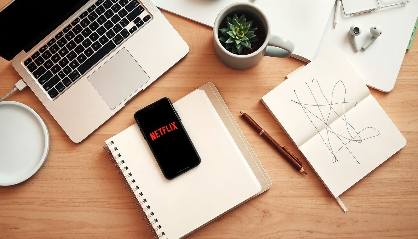 넷플렉스요금 - flat lay of smartphone displaying Netflix app on wooden desk with coffee cup, monthly subscription plan concept
