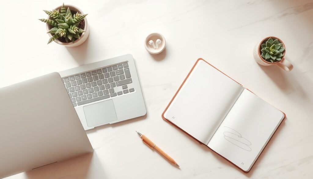 워드프레스 플러그인 - flat lay of laptop showing WordPress dashboard with plugin interface on white desk, wordpress plugin concept