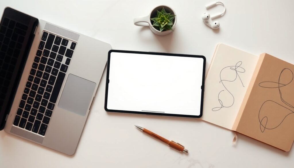 어도비 파이어플라이 무료 - flat lay of tablet showing Adobe Firefly AI image generation interface on white desk with stylus pen, Adobe Firefly free plan concept