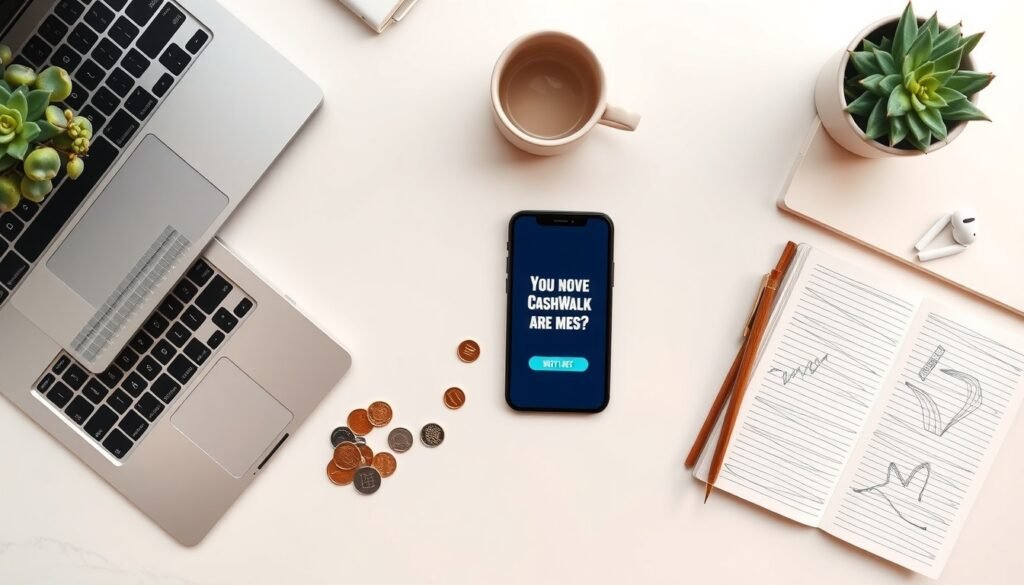 캐시워크 돈버는퀴즈 - flat lay of smartphone displaying CashWalk quiz app on white desk with coins and earbuds, overhead view, quiz answer concept