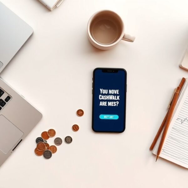캐시워크 돈버는퀴즈 - flat lay of smartphone displaying CashWalk quiz app on white desk with coins and earbuds, overhead view, quiz answer concept