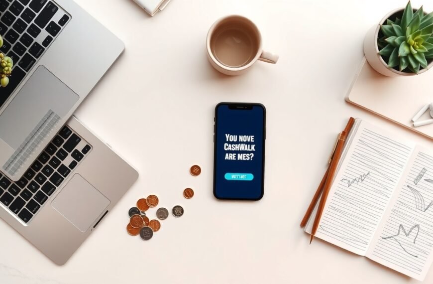 캐시워크 돈버는퀴즈 - flat lay of smartphone displaying CashWalk quiz app on white desk with coins and earbuds, overhead view, quiz answer concept