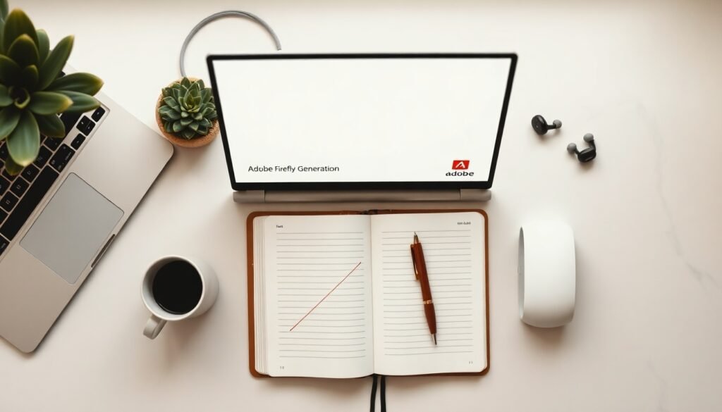 어도비 파이어플라이 영상 - flat lay of Adobe Firefly video generation interface on a modern desktop screen, AI video creation concept