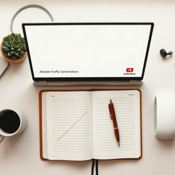 어도비 파이어플라이 영상 - flat lay of Adobe Firefly video generation interface on a modern desktop screen, AI video creation concept
