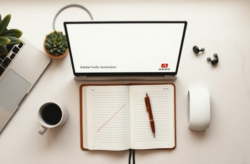 어도비 파이어플라이 영상 - flat lay of Adobe Firefly video generation interface on a modern desktop screen, AI video creation concept